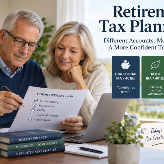 Retired couple reviewing retirement tax planning and Roth conversion strategies