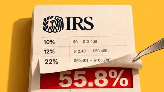 Retired couple reviewing tax documents and retirement income calculations with a calculator and laptop.