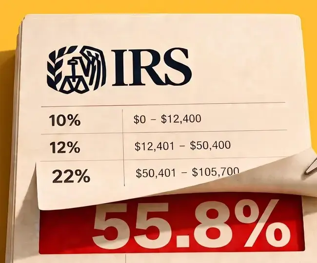 Retired couple reviewing tax documents and retirement income calculations with a calculator and laptop.